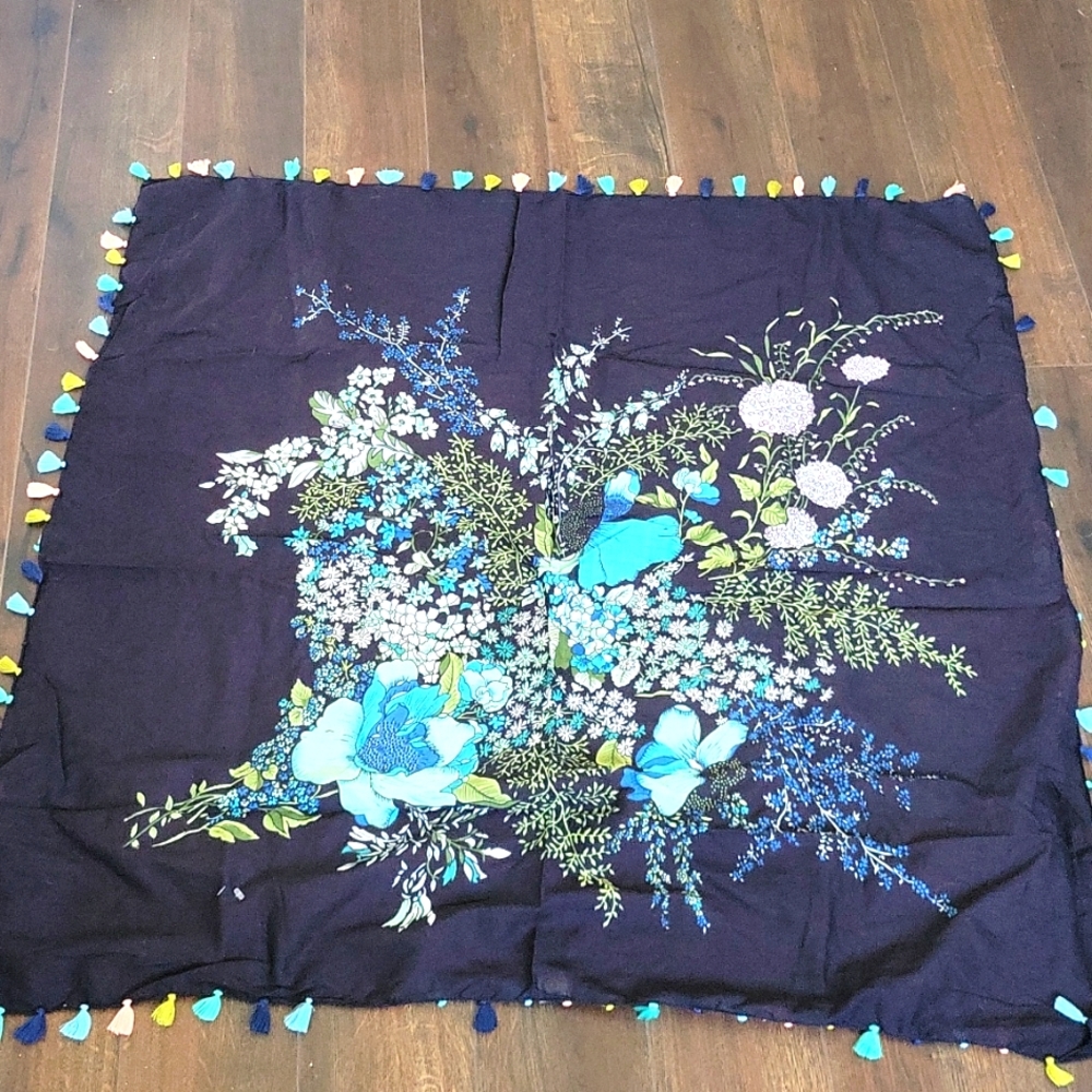 Cotton floral boho with fringe tassle scarf, cover up